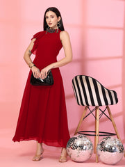 Solid Georgette Embellished Georgette Long Dress, Round Neck Sleeveless