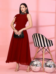 Solid Georgette Embellished Georgette Long Dress, Round Neck Sleeveless