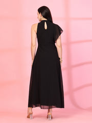 Solid Georgette Embellished Georgette Long Dress, Round Neck Sleeveless
