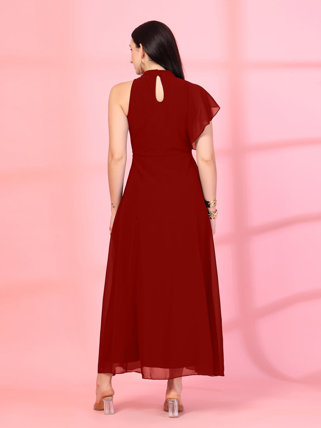Solid Georgette Embellished Georgette Long Dress, Round Neck Sleeveless