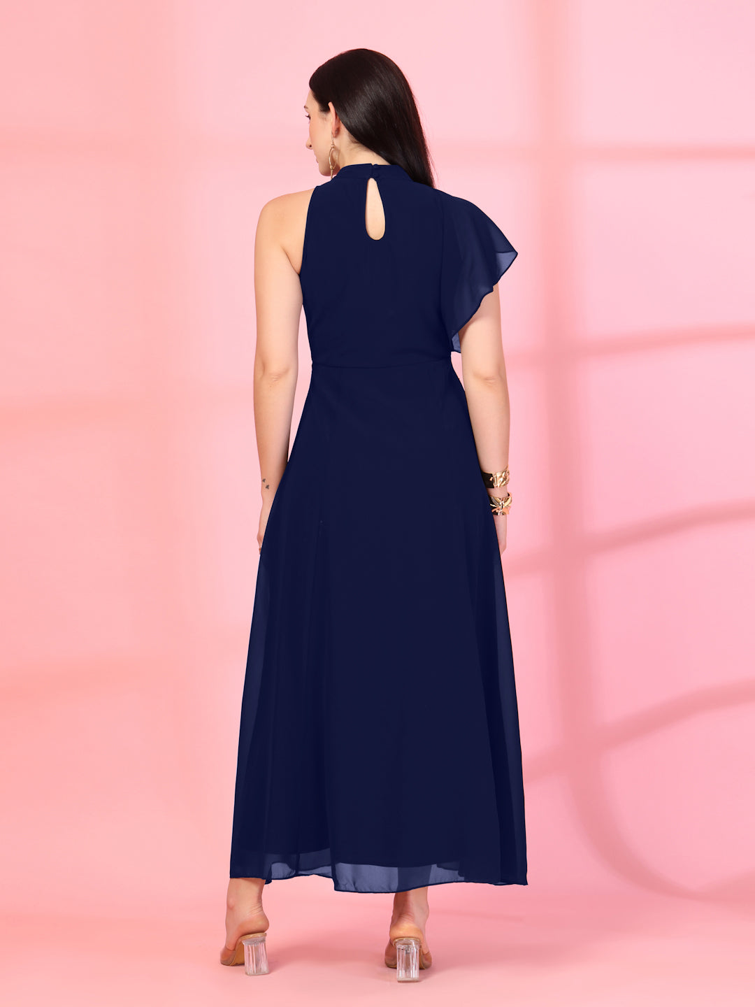 Solid Georgette Embellished Georgette Long Dress, Round Neck Sleeveless