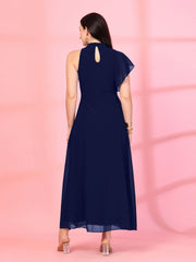 Solid Georgette Embellished Georgette Long Dress, Round Neck Sleeveless