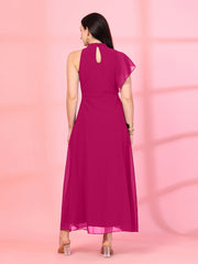 Solid Georgette Embellished Georgette Long Dress, Round Neck Sleeveless
