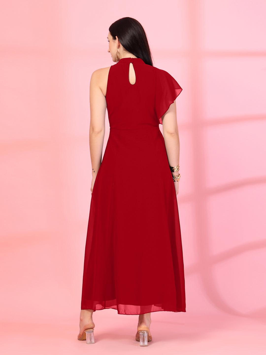Solid Georgette Embellished Georgette Long Dress, Round Neck Sleeveless