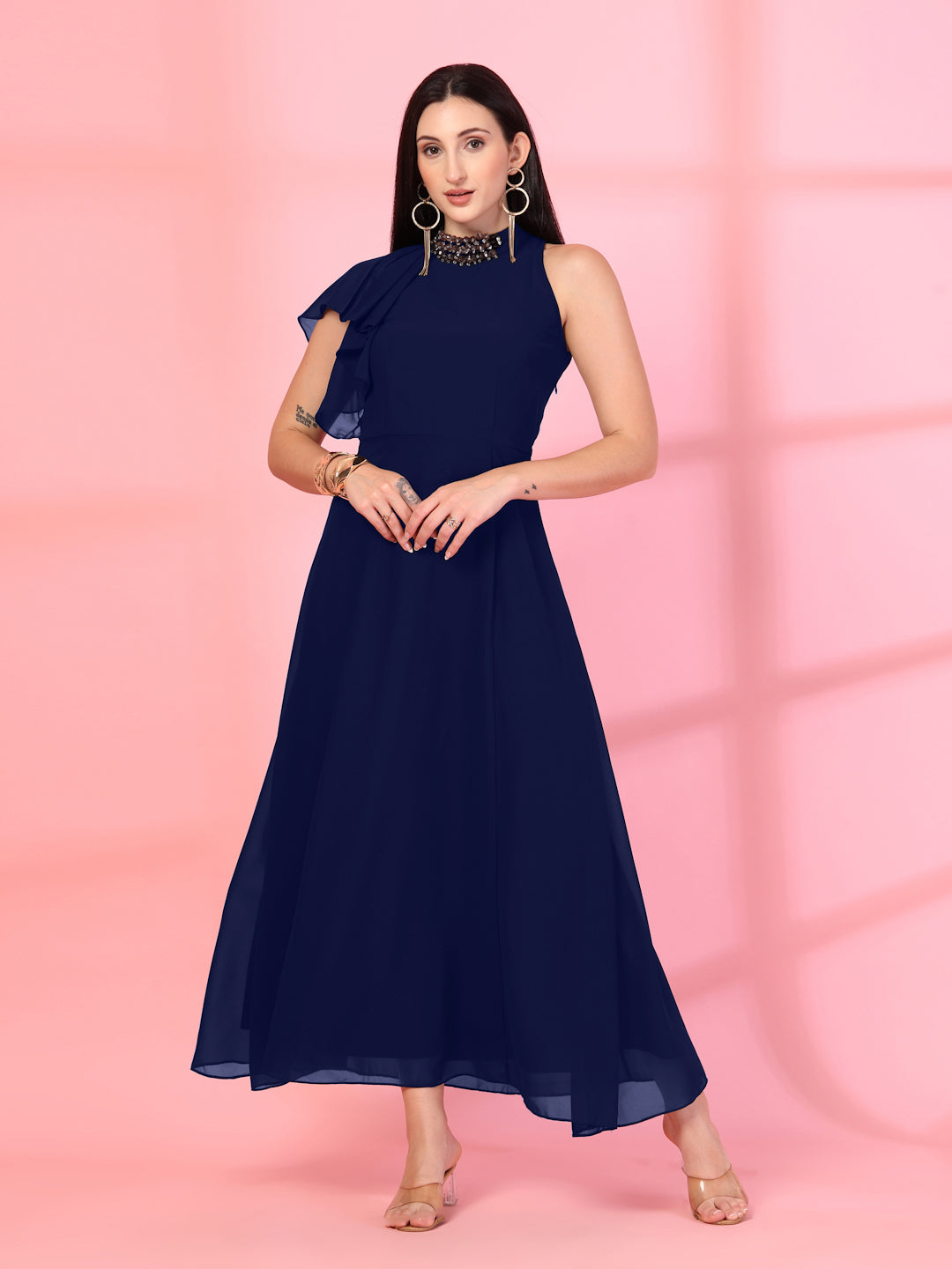Solid Georgette Embellished Georgette Long Dress, Round Neck Sleeveless