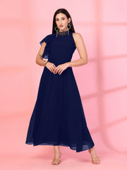Solid Georgette Embellished Georgette Long Dress, Round Neck Sleeveless