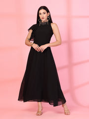 Solid Georgette Embellished Georgette Long Dress, Round Neck Sleeveless