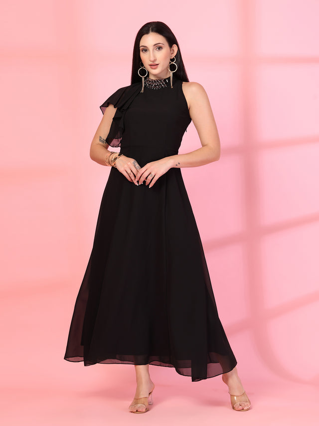 Solid Georgette Embellished Georgette Long Dress, Round Neck Sleeveless