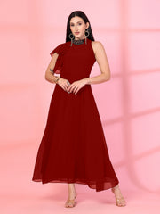 Solid Georgette Embellished Georgette Long Dress, Round Neck Sleeveless