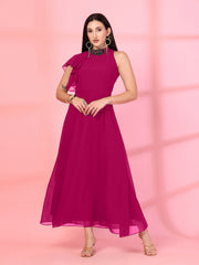 Solid Georgette Embellished Georgette Long Dress, Round Neck Sleeveless