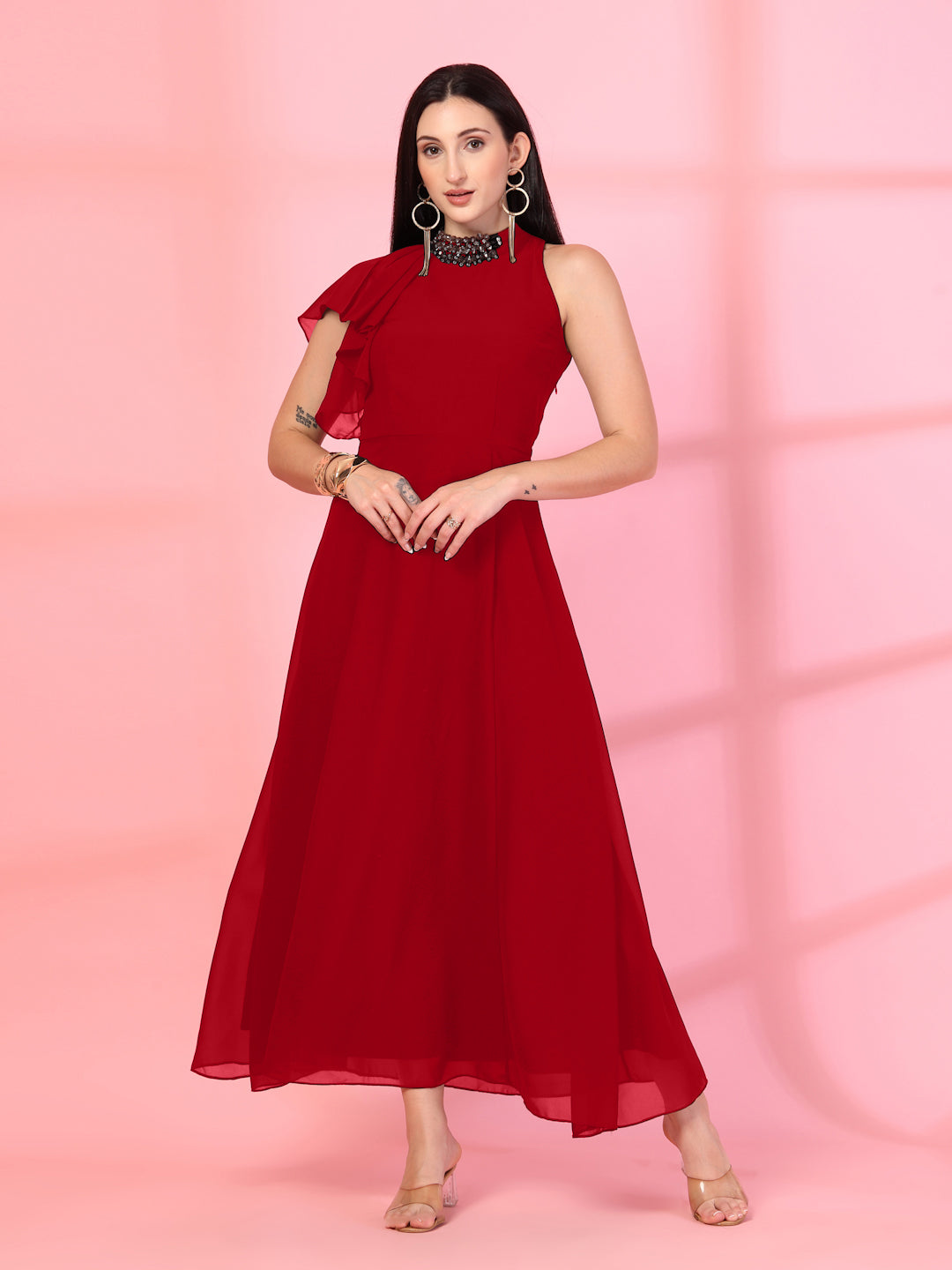 Solid Georgette Embellished Georgette Long Dress, Round Neck Sleeveless