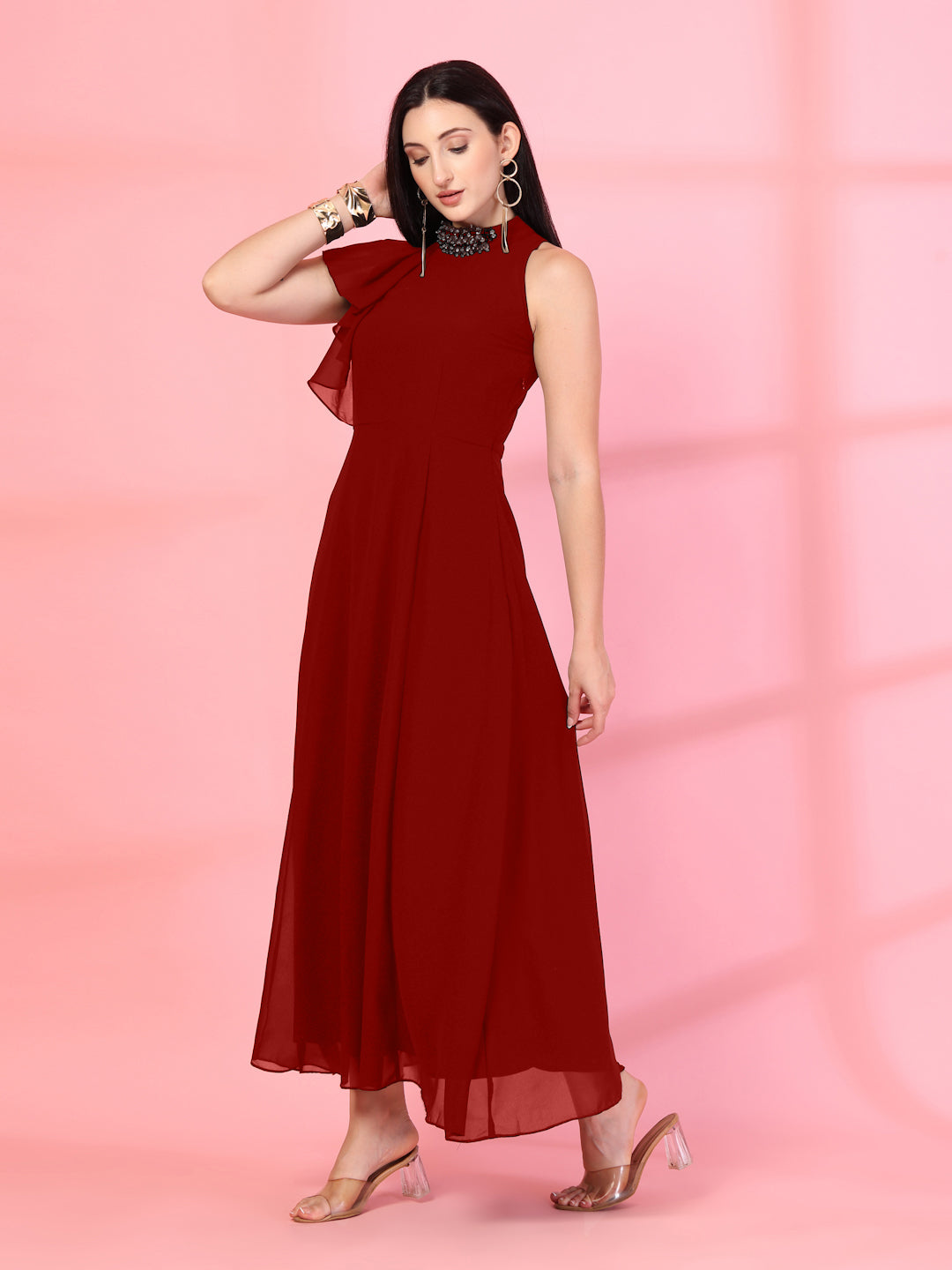Solid Georgette Embellished Georgette Long Dress, Round Neck Sleeveless