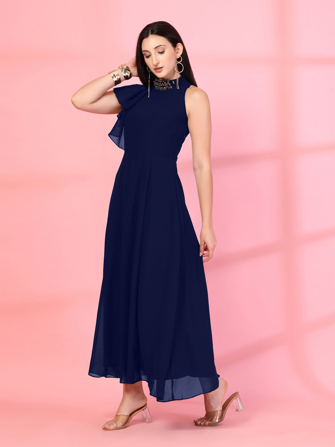 Solid Georgette Embellished Georgette Long Dress, Round Neck Sleeveless