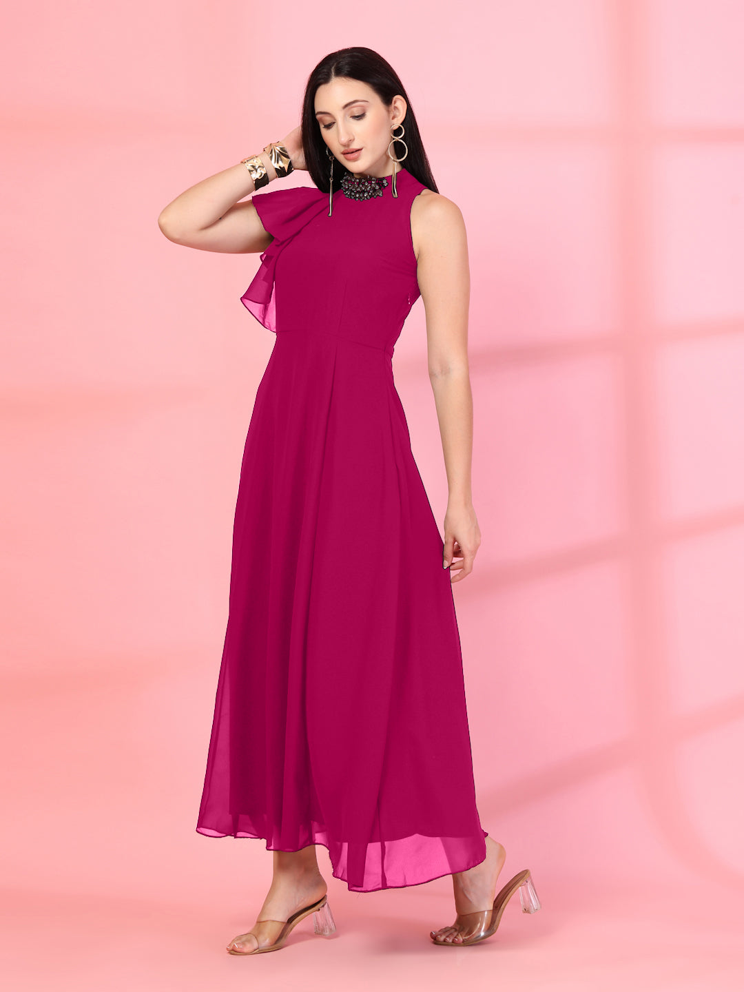 Solid Georgette Embellished Georgette Long Dress, Round Neck Sleeveless