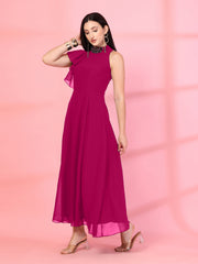 Solid Georgette Embellished Georgette Long Dress, Round Neck Sleeveless