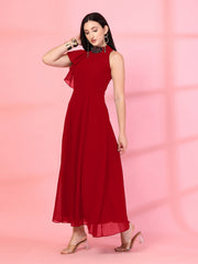 Solid Georgette Embellished Georgette Long Dress, Round Neck Sleeveless