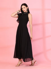Solid Georgette Embellished Georgette Long Dress, Round Neck Sleeveless