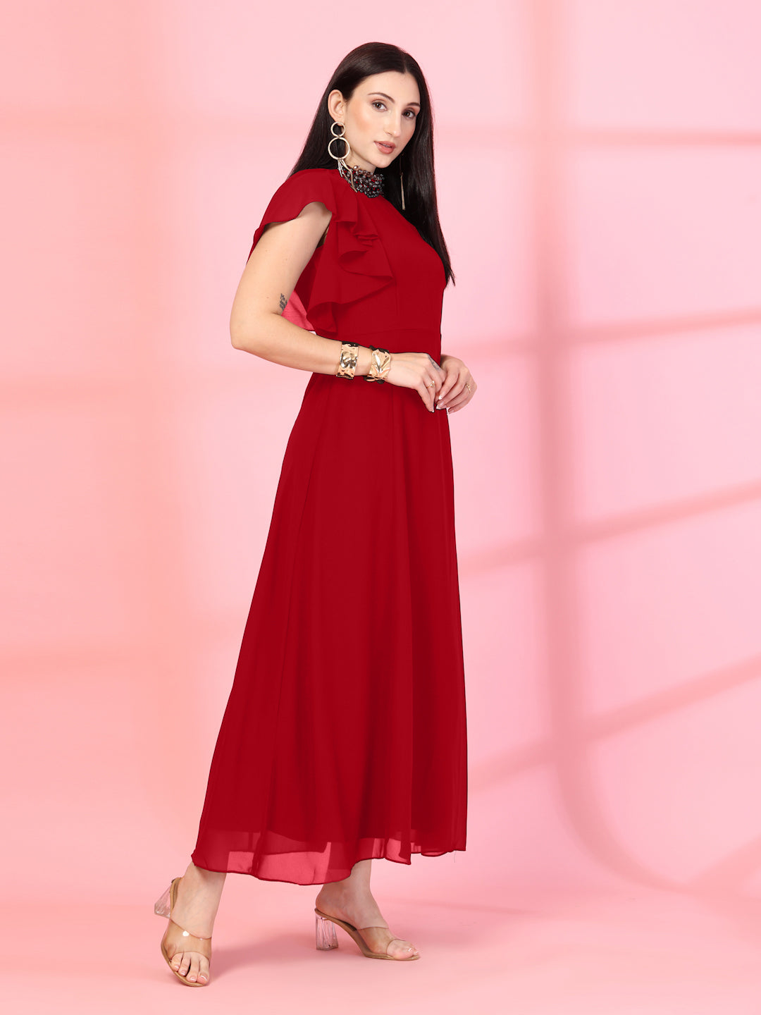 Solid Georgette Embellished Georgette Long Dress, Round Neck Sleeveless
