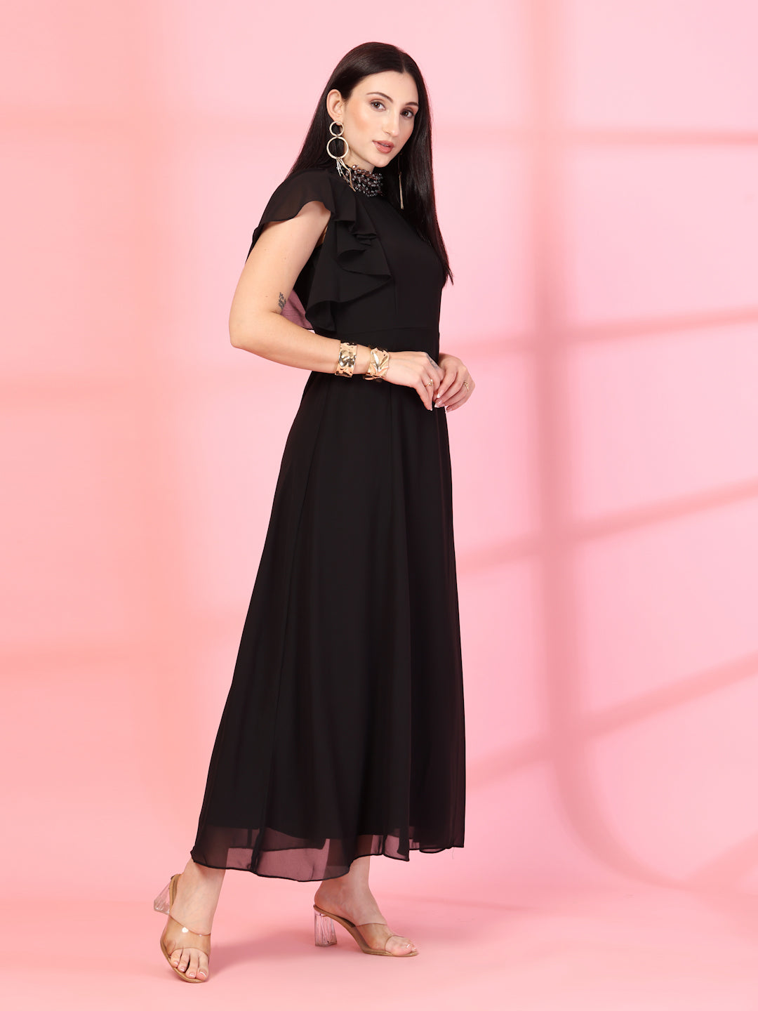 Solid Georgette Embellished Georgette Long Dress, Round Neck Sleeveless