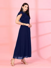 Solid Georgette Embellished Georgette Long Dress, Round Neck Sleeveless