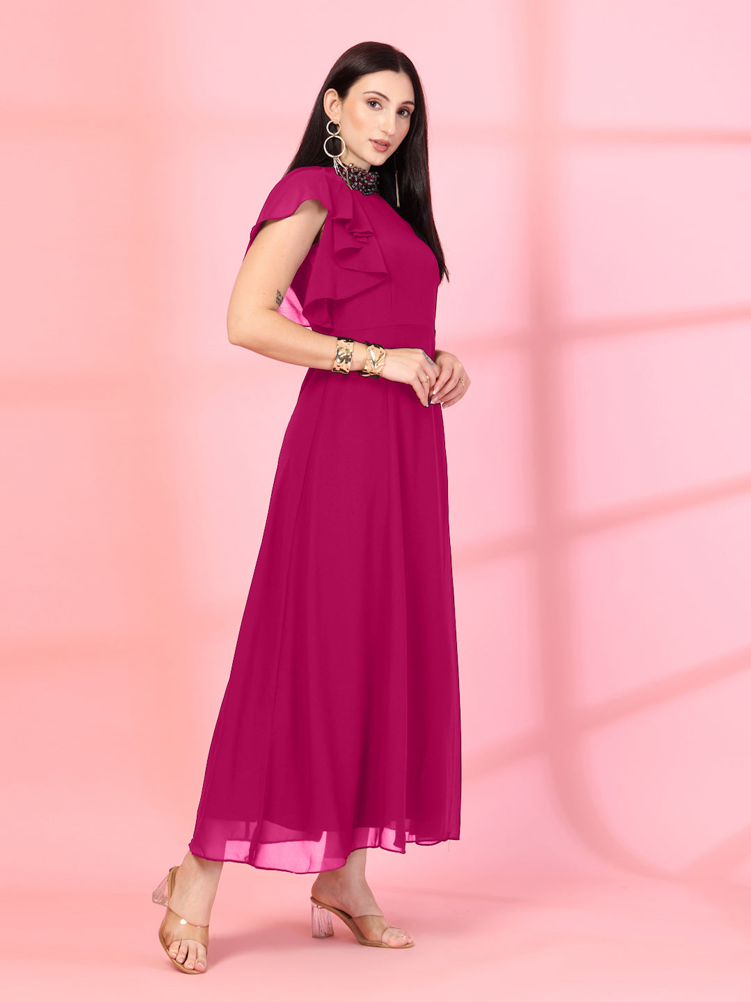 Solid Georgette Embellished Georgette Long Dress, Round Neck Sleeveless