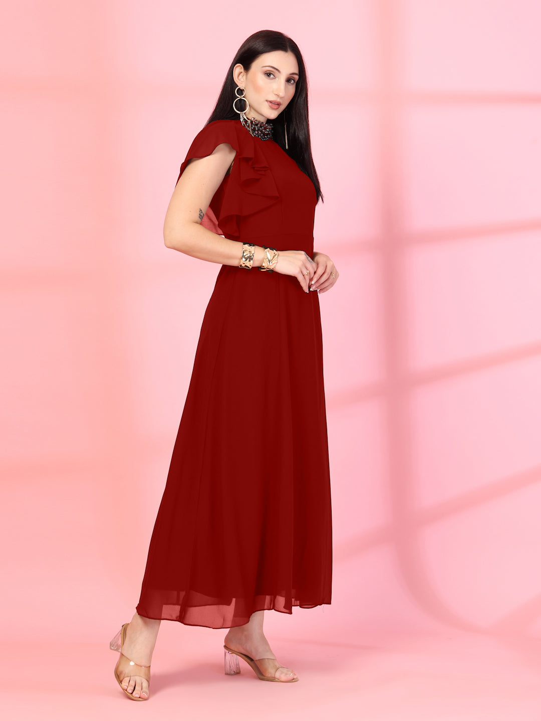 Solid Georgette Embellished Georgette Long Dress, Round Neck Sleeveless