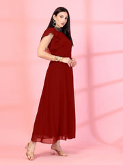 Solid Georgette Embellished Georgette Long Dress, Round Neck Sleeveless