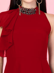 Solid Georgette Embellished Georgette Long Dress, Round Neck Sleeveless
