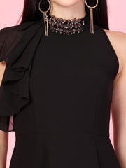 Solid Georgette Embellished Georgette Long Dress, Round Neck Sleeveless