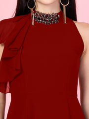 Solid Georgette Embellished Georgette Long Dress, Round Neck Sleeveless