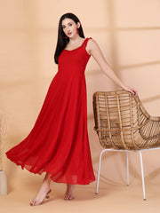 Solid Georgette Long Dress, Neck Frill Sleeveless