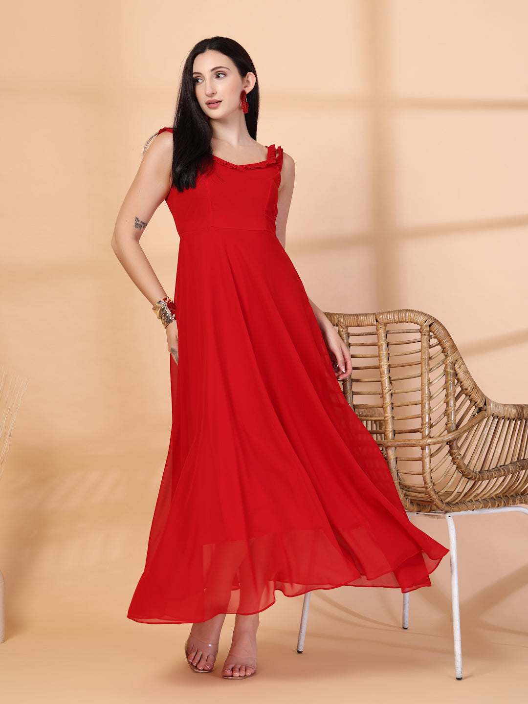 Solid Georgette Long Dress, Neck Frill Sleeveless