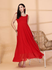 Solid Georgette Long Dress, Neck Frill Sleeveless