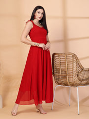 Solid Georgette Long Dress, Neck Frill Sleeveless