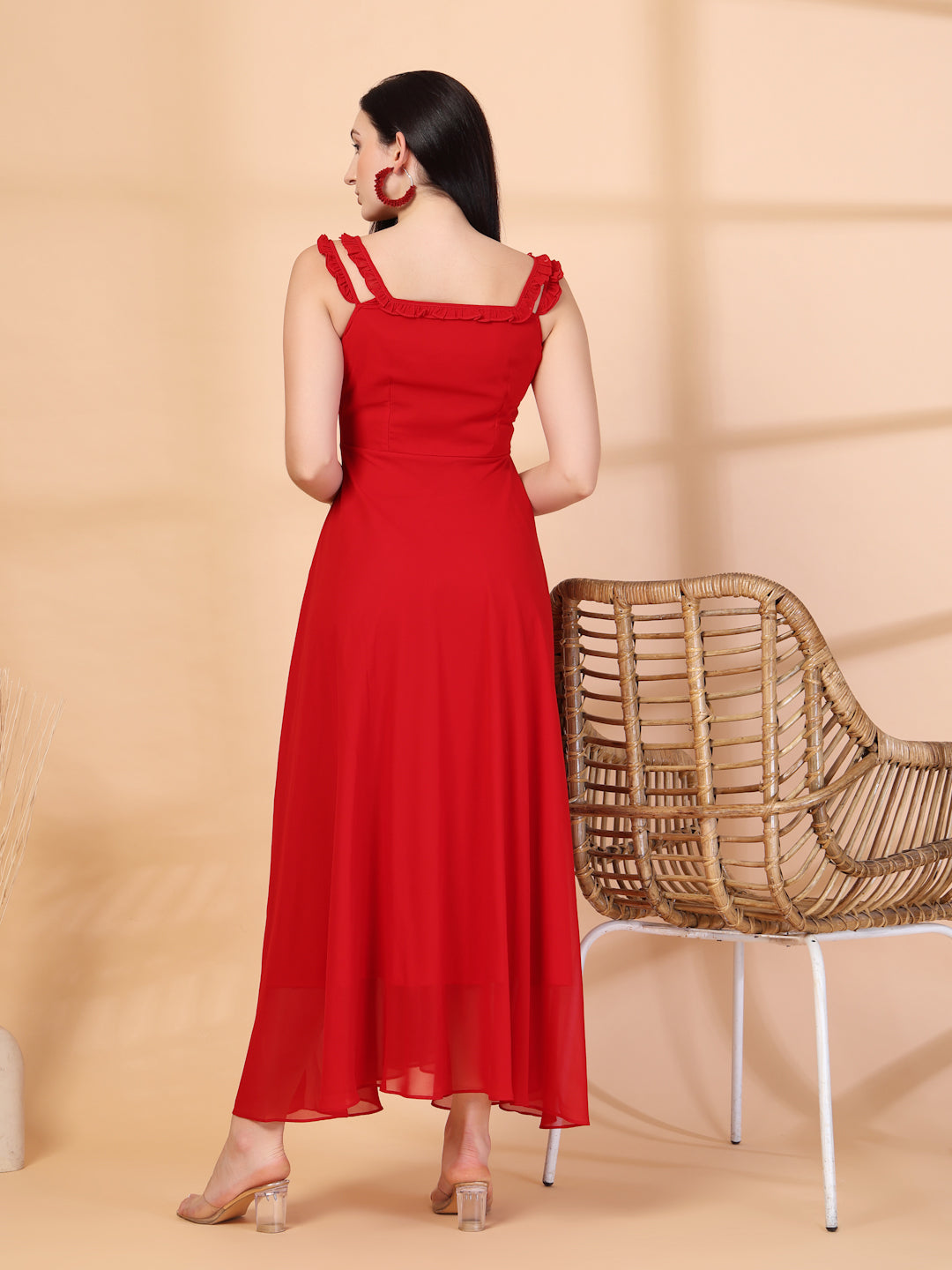 Solid Georgette Long Dress, Neck Frill Sleeveless