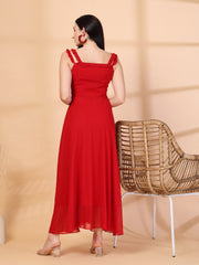Solid Georgette Long Dress, Neck Frill Sleeveless