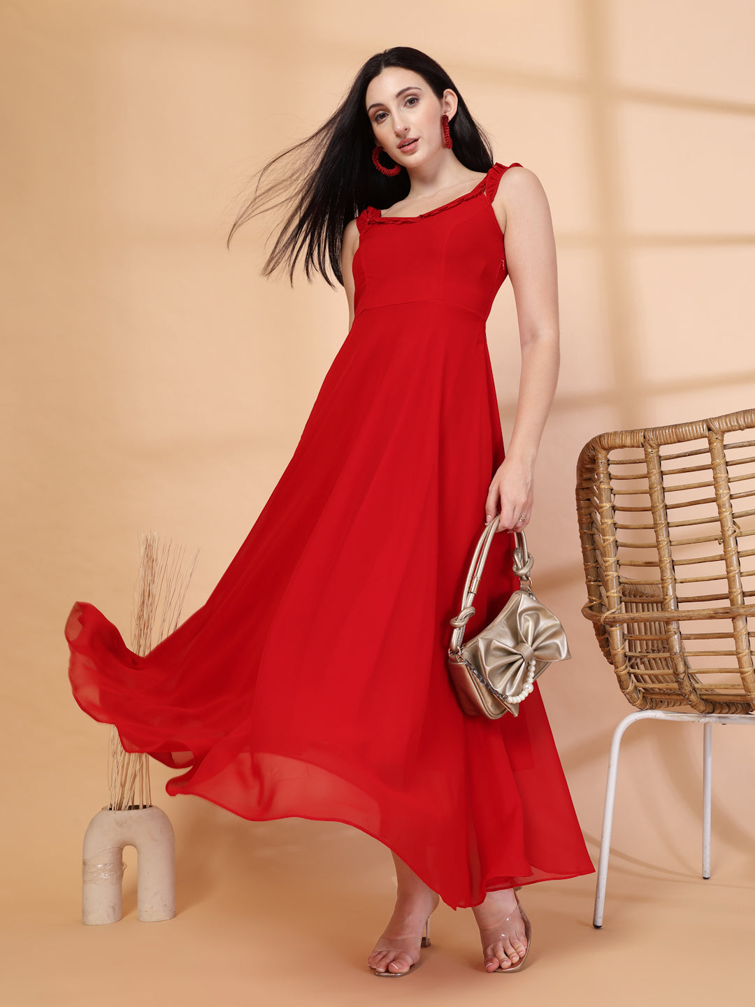 Solid Georgette Long Dress, Neck Frill Sleeveless