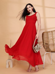 Solid Georgette Long Dress, Neck Frill Sleeveless