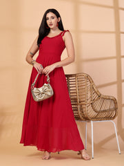 Solid Georgette Long Dress, Neck Frill Sleeveless