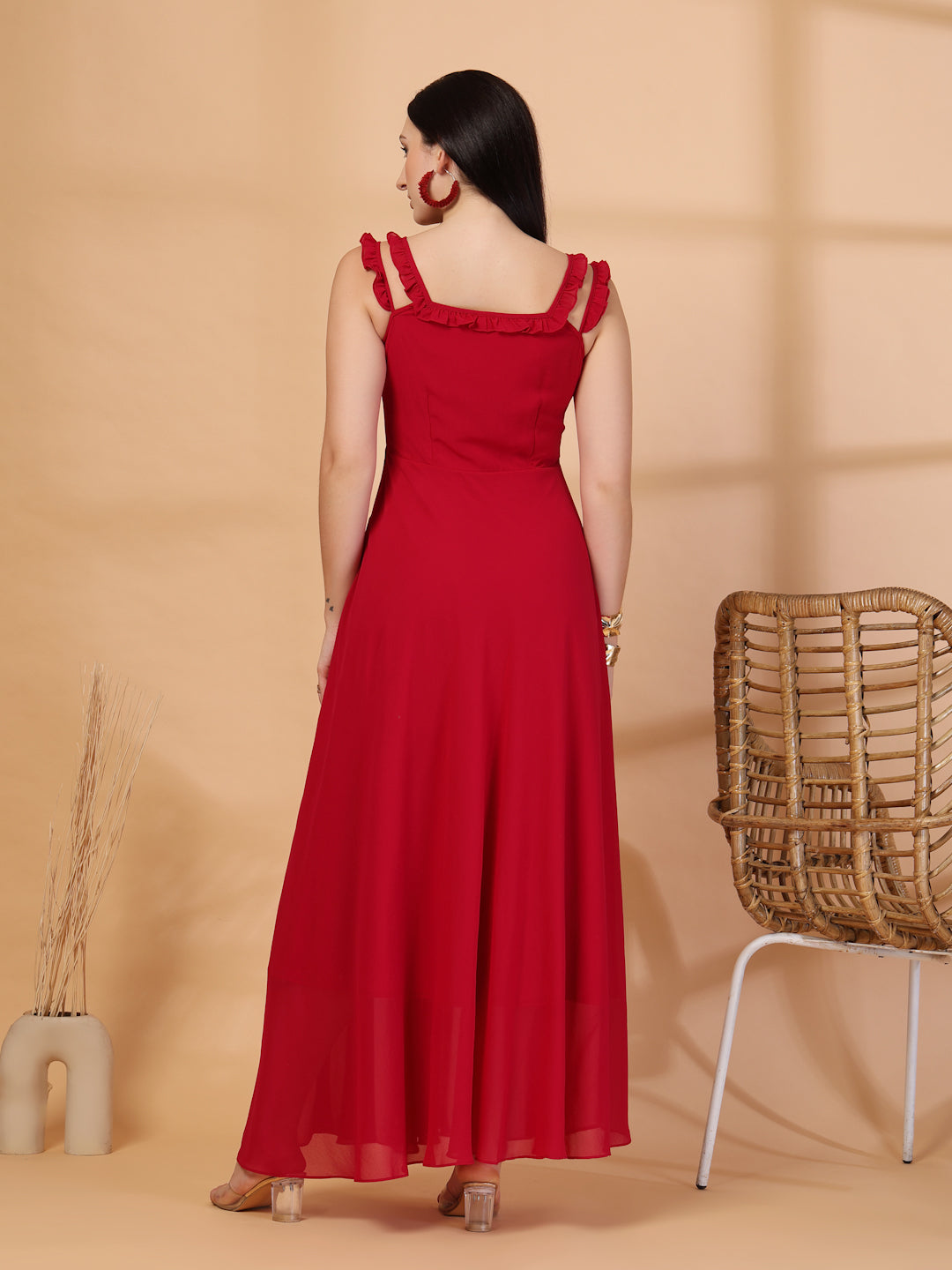 Solid Georgette Long Dress, Neck Frill Sleeveless