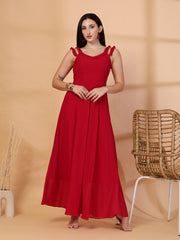 Solid Georgette Long Dress, Neck Frill Sleeveless