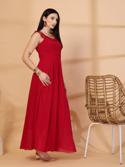 Solid Georgette Long Dress, Neck Frill Sleeveless