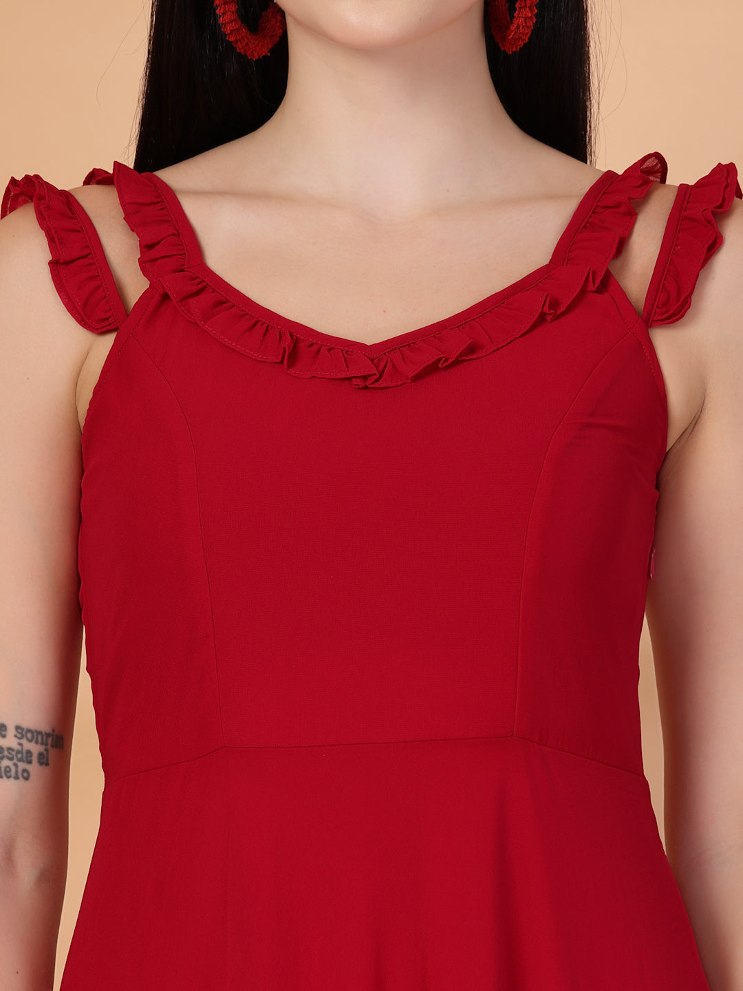 Solid Georgette Long Dress, Neck Frill Sleeveless