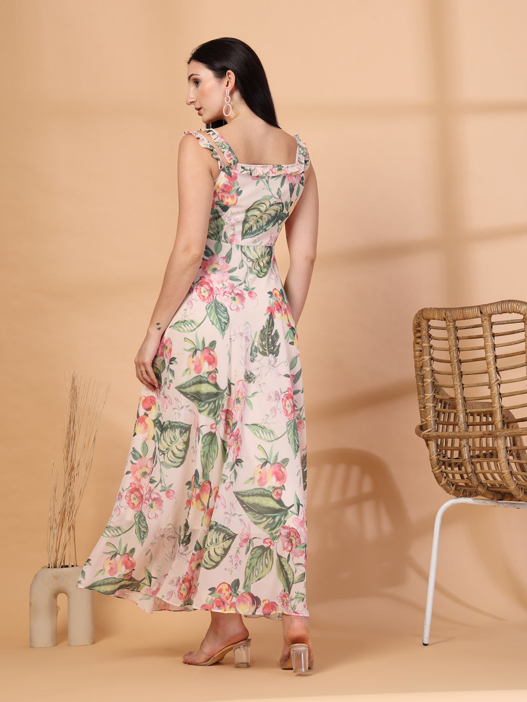 Solid Georgette Long Dress, Neck Frill Sleeveless