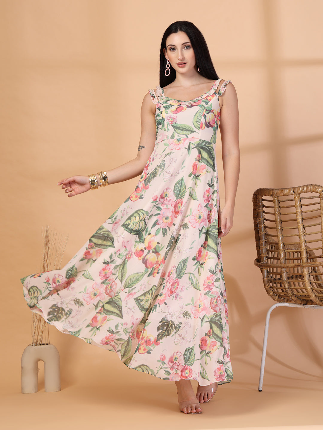 Solid Georgette Long Dress, Neck Frill Sleeveless