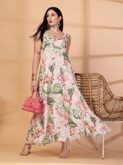 Solid Georgette Long Dress, Neck Frill Sleeveless