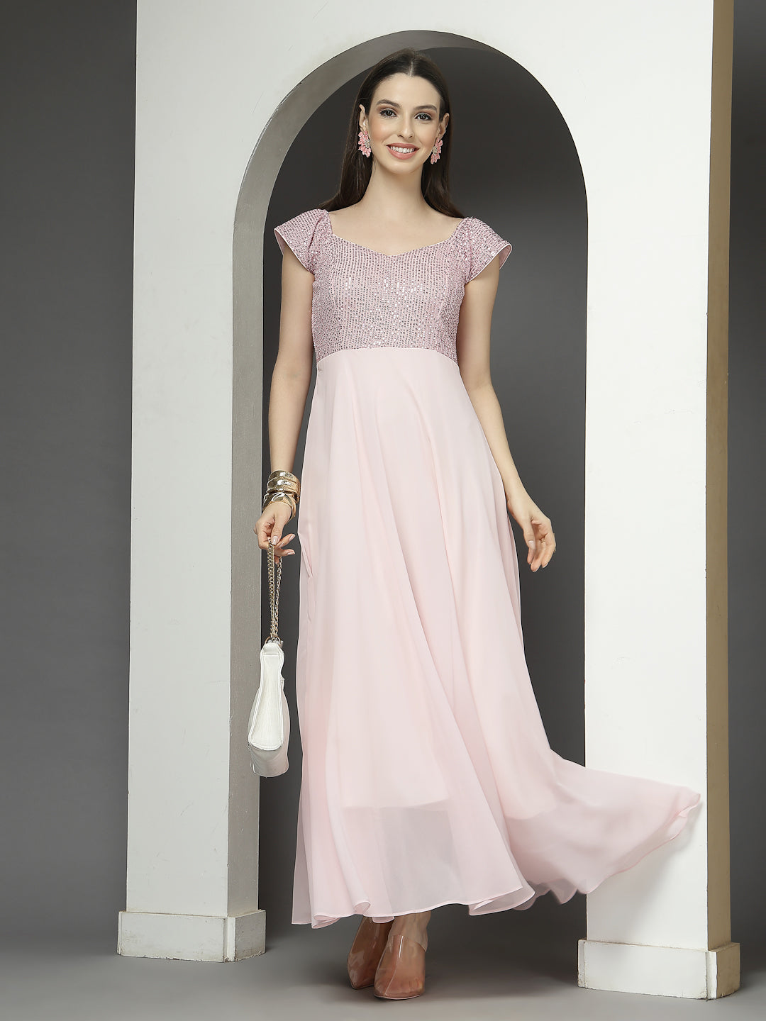 Zara Solid Sequin Fit & Flare Dress Sleeveless, Sweetheart Neck Strape Frill Pattern