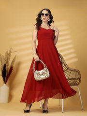 Solid Georgette Fit & Flare Dress Sleeveless, Sweetheart Neck Strape Frill Pattern