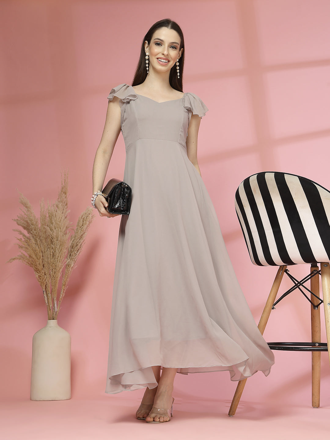 Solid Georgette Fit & Flare Dress Sleeveless, Sweetheart Neck Strape Frill Pattern