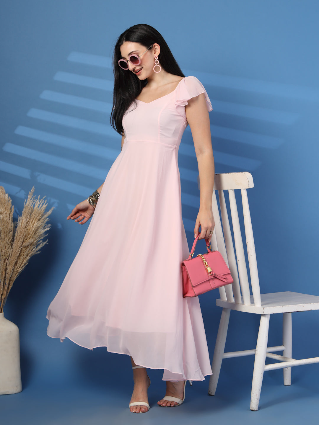 Solid Georgette Fit & Flare Dress Sleeveless, Sweetheart Neck Strape Frill Pattern